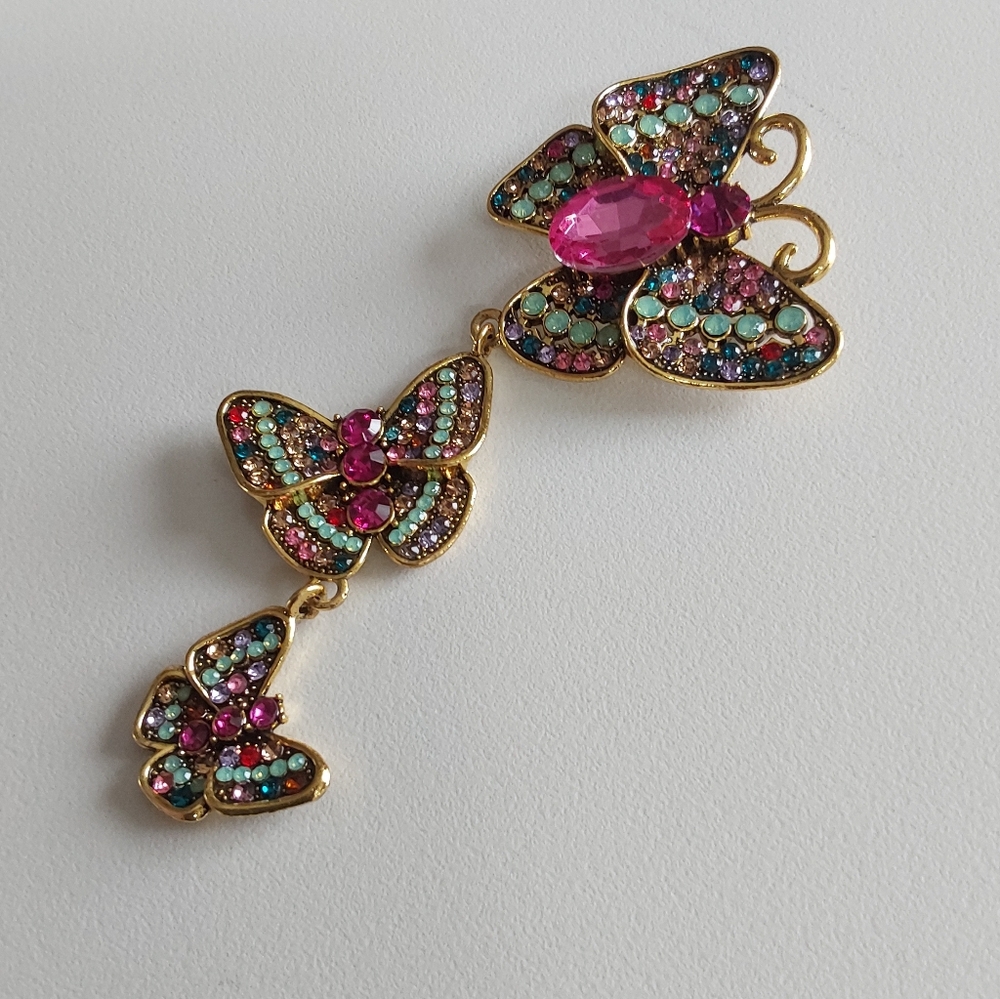Gold Tone Triple Butterfly Brooch with Multicolor Crystals - Picture 4 of 5